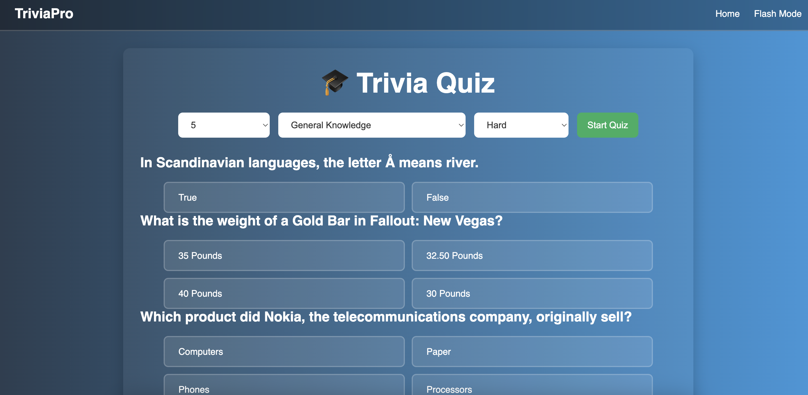 Trivia quiz with multiple-choice question tiles